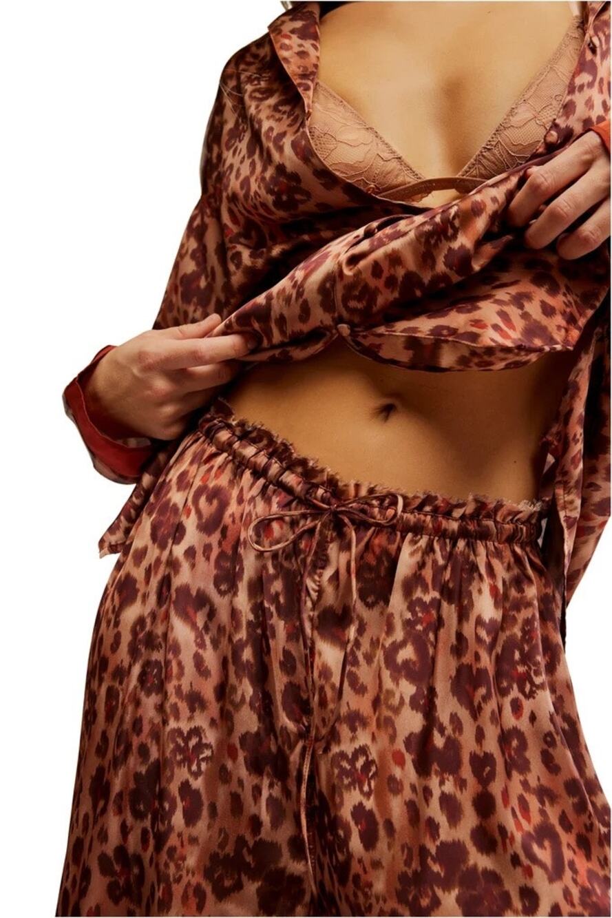 Intimately Free People Cheetah Leopard Floral Brown Silky Pajama Shirt Size L